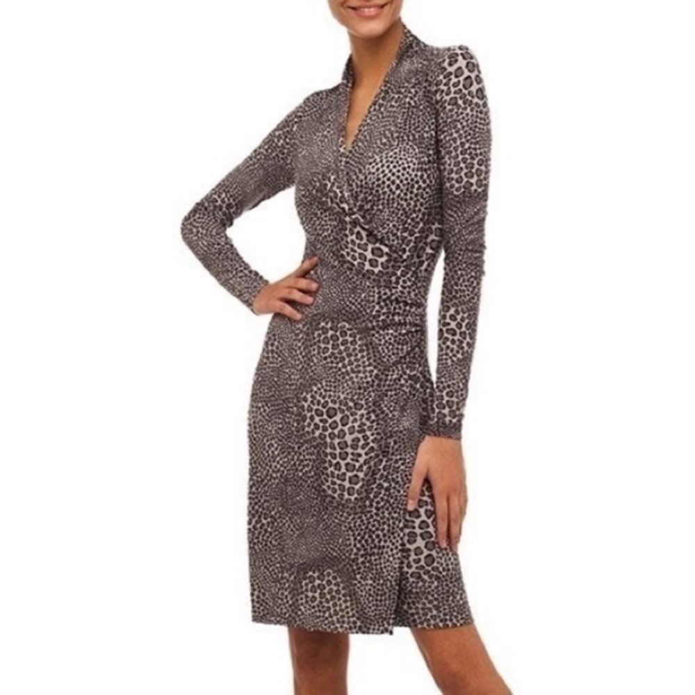 Norma Kamali gray animal leopard print faux wrap dress Small S L15